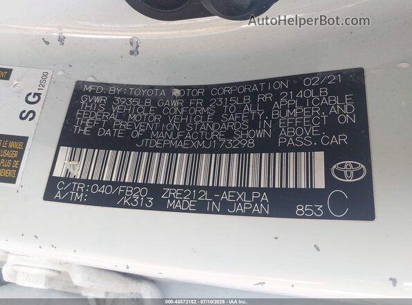 JTDEPMAEXMJ173298 2021 TOYOTA COROLLA White Vista del compartimento del motor