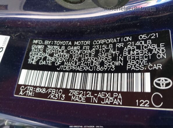 JTDEPMAEXMJ186973 2021 TOYOTA COROLLA Синий Вид подкапотного пространства