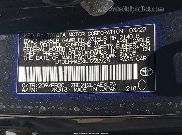 JTDEPMAEXNJ220928 2022 TOYOTA COROLLA Black Вид підкапотного простору