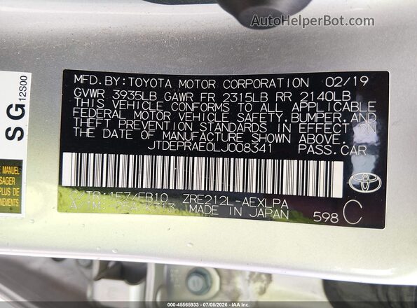 JTDEPRAE0LJ008341 2020 TOYOTA COROLLA Silver Vista del compartimento del motor