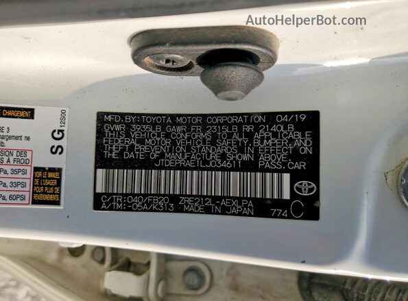 JTDEPRAE1LJ034611 2020 TOYOTA COROLLA White Widok komory silnika