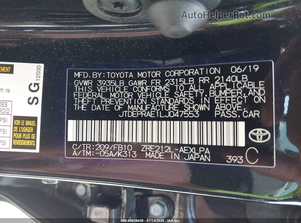 JTDEPRAE1LJ047553 2020 TOYOTA COROLLA Black Widok komory silnika