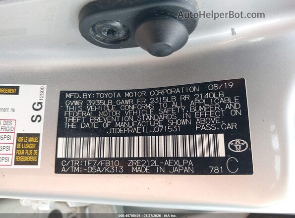 JTDEPRAE1LJ071531 2020 TOYOTA COROLLA Silver Շարժիչի բաժամունքի տեսք