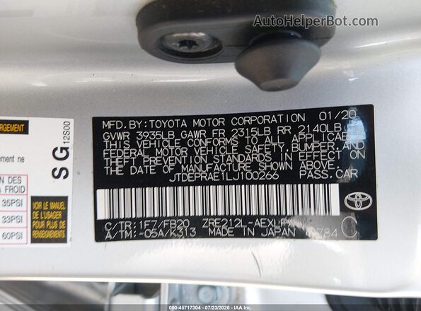 JTDEPRAE1LJ100266 2020 TOYOTA COROLLA Silver ძრავის განყოფილების ხედი