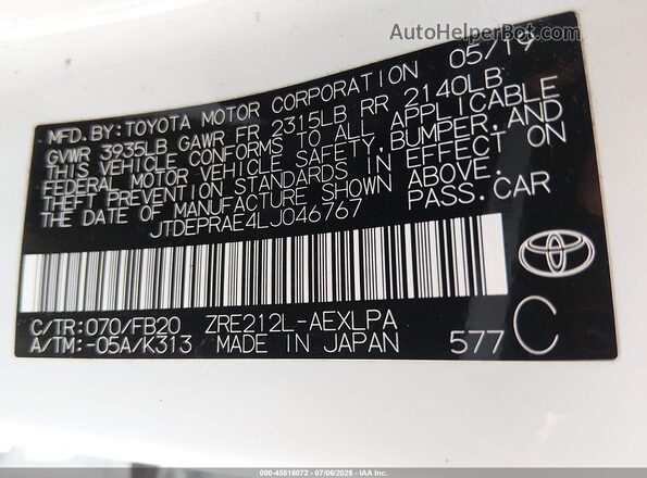 JTDEPRAE4LJ046767 2020 TOYOTA COROLLA White Vista del compartimento del motor
