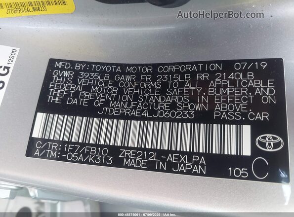 JTDEPRAE4LJ060233 2020 TOYOTA COROLLA Silver Շարժիչի բաժամունքի տեսք