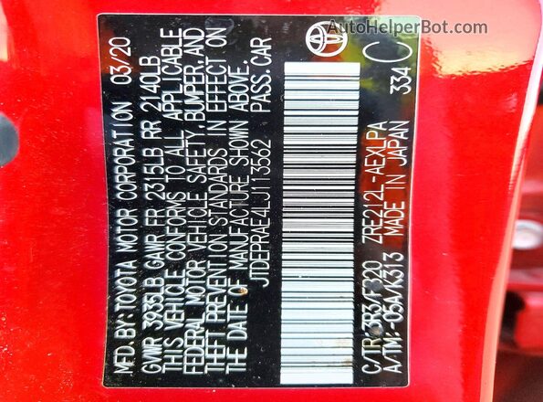 JTDEPRAE4LJ113562 2020 TOYOTA COROLLA Red Engine compartment view