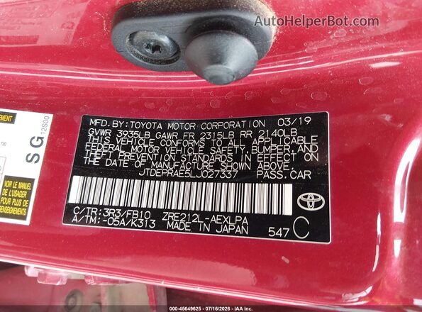 JTDEPRAE5LJ027337 2020 TOYOTA COROLLA Red Вид підкапотного простору
