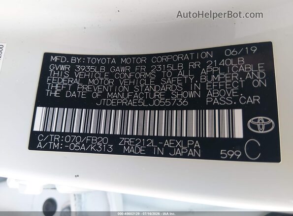 JTDEPRAE5LJ055736 2020 TOYOTA COROLLA White Vista del compartimento del motor