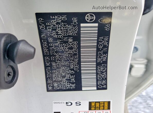 JTDEPRAE6LJ039898 2020 TOYOTA COROLLA White Widok naklejki z numerem VIN