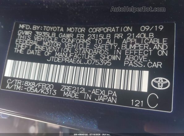 JTDEPRAE6LJ075395 2020 TOYOTA COROLLA Dark Blue Вид підкапотного простору