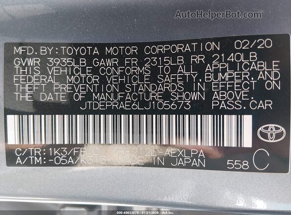 JTDEPRAE6LJ105673 2020 TOYOTA COROLLA Blue Շարժիչի բաժամունքի տեսք