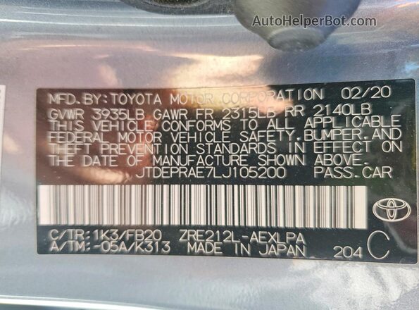 JTDEPRAE7LJ105200 2020 TOYOTA COROLLA Синий Вид наклейки с VIN-кодом