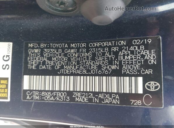 JTDEPRAE8LJ016767 2020 TOYOTA COROLLA Blue Engine compartment view
