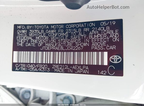 JTDEPRAE8LJ042267 2020 TOYOTA COROLLA White Շարժիչի բաժամունքի տեսք