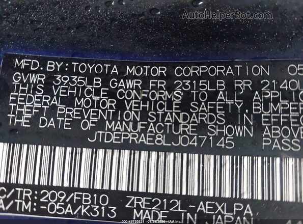 JTDEPRAE8LJ047145 2020 TOYOTA COROLLA Black Շարժիչի բաժամունքի տեսք