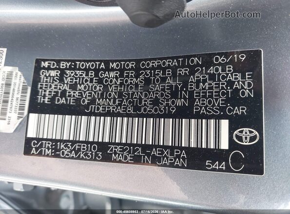 JTDEPRAE8LJ050319 2020 TOYOTA COROLLA Light Blue Շարժիչի բաժամունքի տեսք