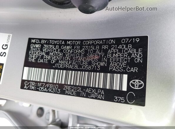 JTDEPRAE8LJ058713 2020 TOYOTA COROLLA Silver Engine compartment view