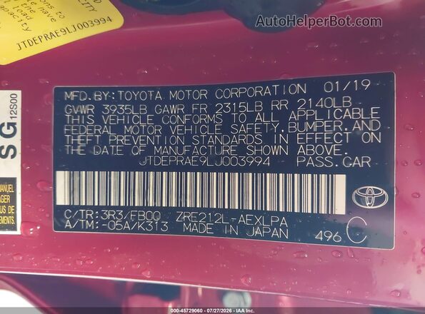 JTDEPRAE9LJ003994 2020 TOYOTA COROLLA Red Vista del compartimento del motor