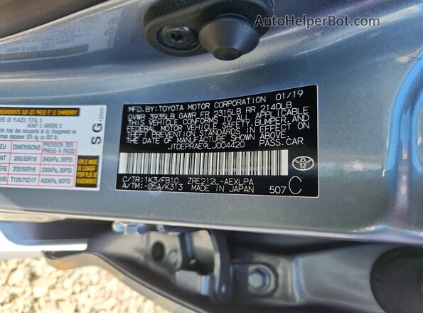 JTDEPRAE9LJ004420 2020 TOYOTA COROLLA Gray Widok naklejki z numerem VIN