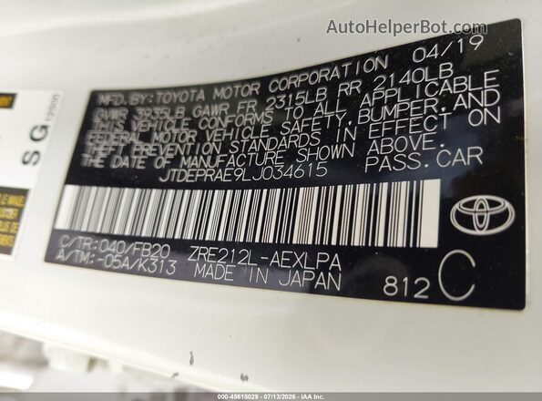 JTDEPRAE9LJ034615 2020 TOYOTA COROLLA White Вид підкапотного простору