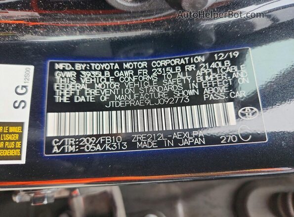 JTDEPRAE9LJ092773 2020 TOYOTA COROLLA Black Շարժիչի բաժամունքի տեսք