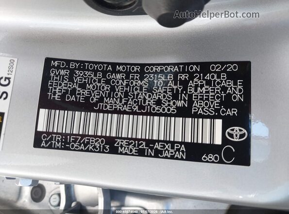 JTDEPRAE9LJ105005 2020 TOYOTA COROLLA Gray Vista del compartimento del motor