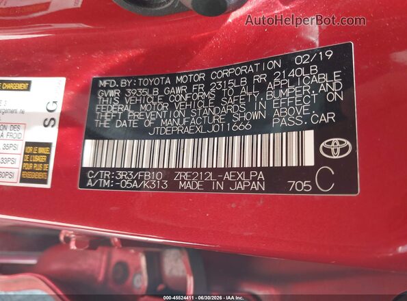 JTDEPRAEXLJ011666 2020 TOYOTA COROLLA Red Widok komory silnika