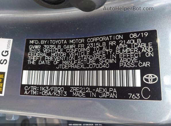 JTDEPRAEXLJ070040 2020 TOYOTA COROLLA Light Blue ძრავის განყოფილების ხედი