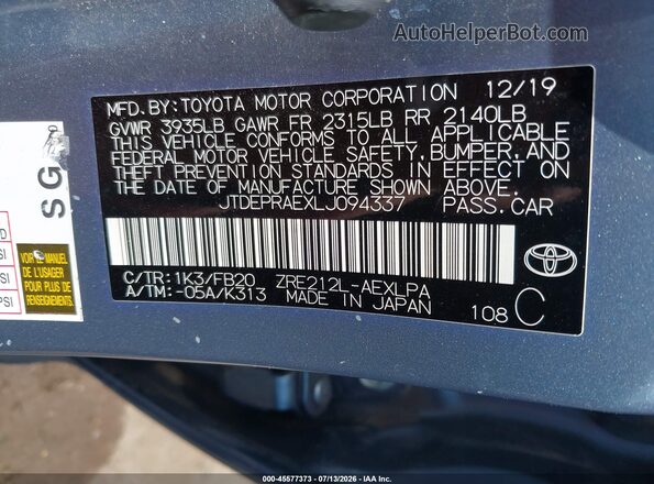 JTDEPRAEXLJ094337 2020 TOYOTA COROLLA Blue Vista del compartimento del motor