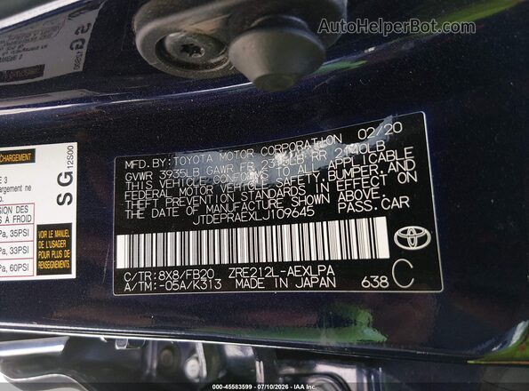 JTDEPRAEXLJ109645 2020 TOYOTA COROLLA Dark Blue Вид підкапотного простору