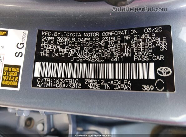 JTDEPRAEXLJ114411 2020 TOYOTA COROLLA Blue Շարժիչի բաժամունքի տեսք