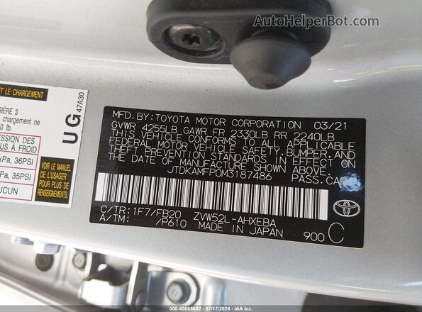 JTDKAMFP0M3187486 2021 TOYOTA PRIUS PRIME Silver ძრავის განყოფილების ხედი