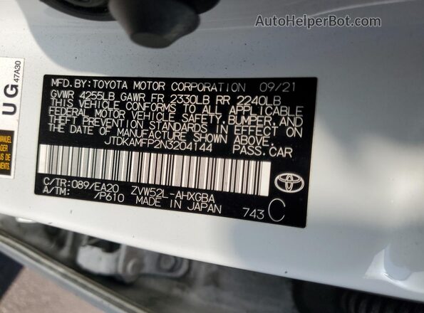 JTDKAMFP2N3204144 2022 TOYOTA PRIUS White Вид підкапотного простору