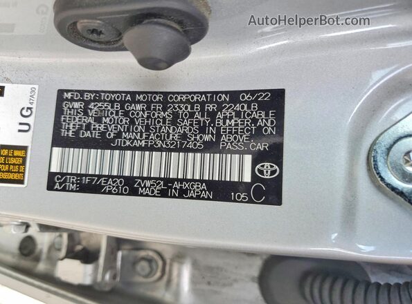 JTDKAMFP3N3217405 2022 TOYOTA PRIUS Silver VIN կոդի պիտակի տեսք