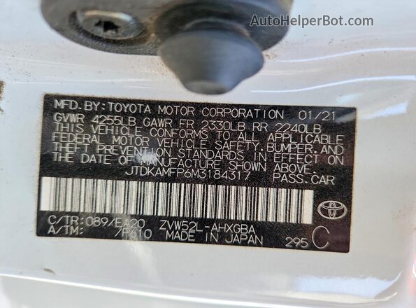 JTDKAMFP6M3184317 2021 TOYOTA PRIUS White Vista de la etiqueta del VIN
