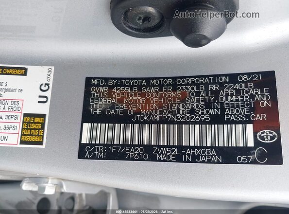 JTDKAMFP7N3202695 2022 TOYOTA PRIUS PRIME Silver Вид підкапотного простору