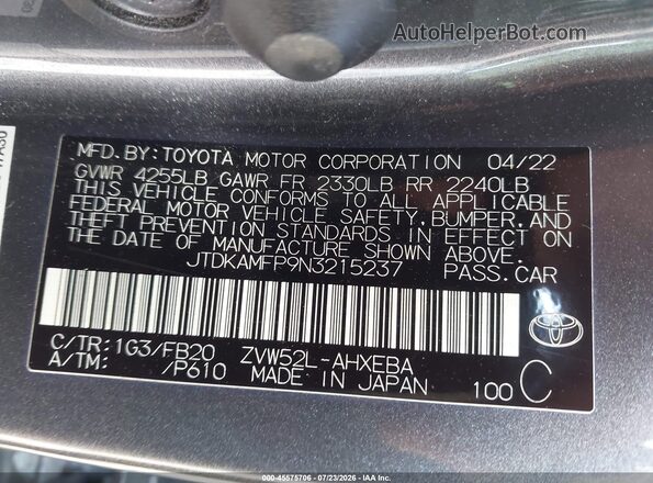 JTDKAMFP9N3215237 2022 TOYOTA PRIUS PRIME Gray Engine compartment view