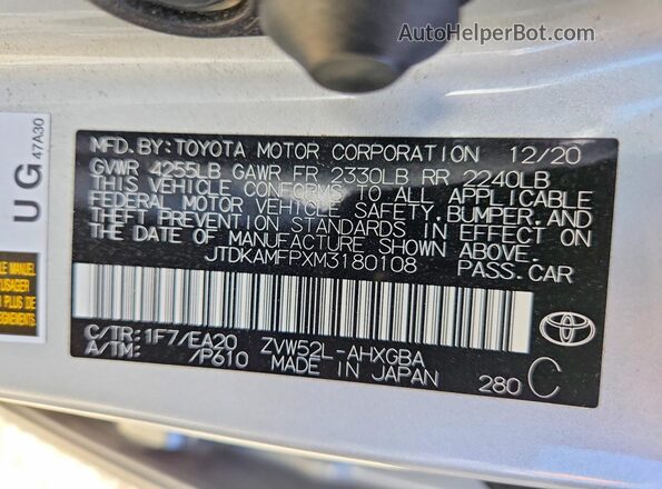 JTDKAMFPXM3180108 2021 TOYOTA PRIUS Silver ძრავის განყოფილების ხედი
