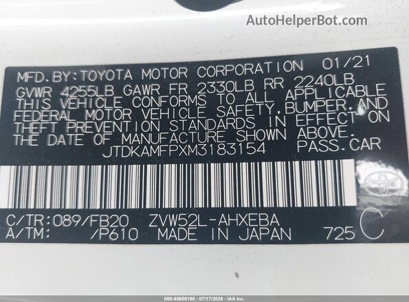 JTDKAMFPXM3183154 2021 TOYOTA PRIUS PRIME White Вид підкапотного простору