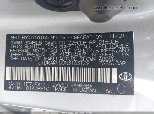 JTDKAMFU0N3163129 2022 TOYOTA PRIUS Silver Vista del compartimento del motor