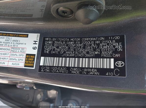 JTDKAMFU1M3138691 2021 TOYOTA PRIUS Gray Engine compartment view