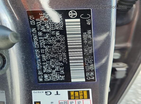 JTDKAMFU1M3147827 2021 TOYOTA PRIUS Gray Widok wnętrza 360 stopni