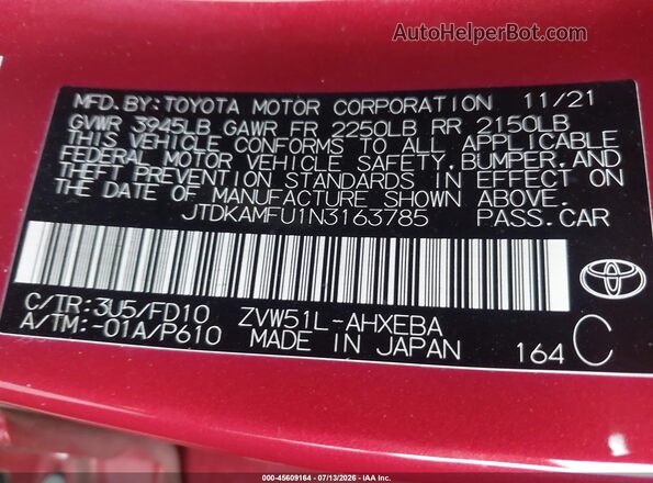 JTDKAMFU1N3163785 2022 TOYOTA PRIUS Red ძრავის განყოფილების ხედი