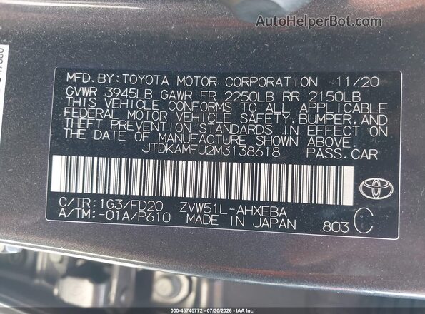 JTDKAMFU2M3138618 2021 TOYOTA PRIUS Gray Widok komory silnika