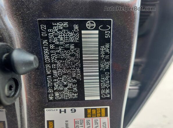 JTDKAMFU2N3168560 2022 TOYOTA PRIUS Gray VIN sticker view