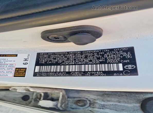 JTDKAMFU4M3128205 2021 TOYOTA PRIUS White Widok naklejki z numerem VIN