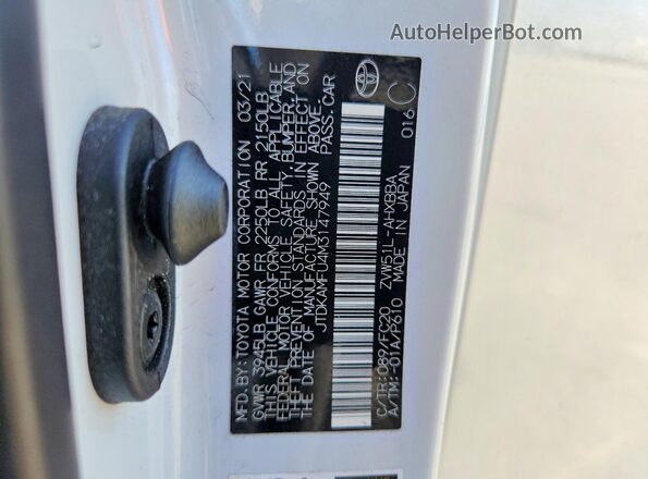 JTDKAMFU4M3147949 2021 TOYOTA PRIUS White Вид наклейки з VIN-кодом