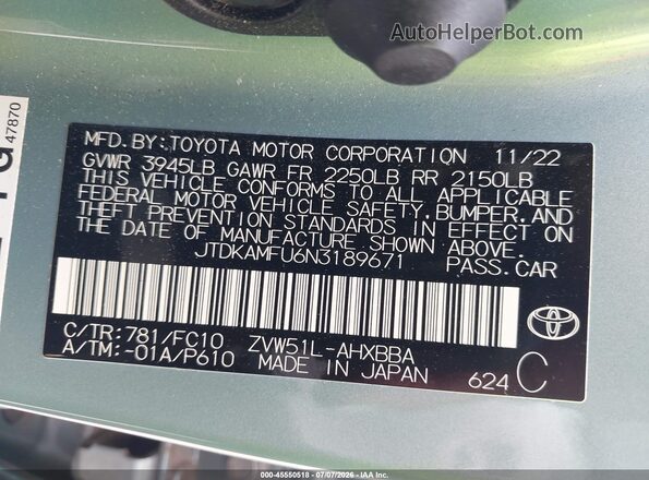 JTDKAMFU6N3189671 2022 TOYOTA PRIUS Синий Вид подкапотного пространства