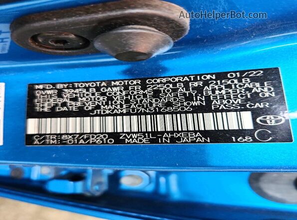 JTDKAMFU7N3168506 2022 TOYOTA PRIUS Blue Vista del compartimento del motor